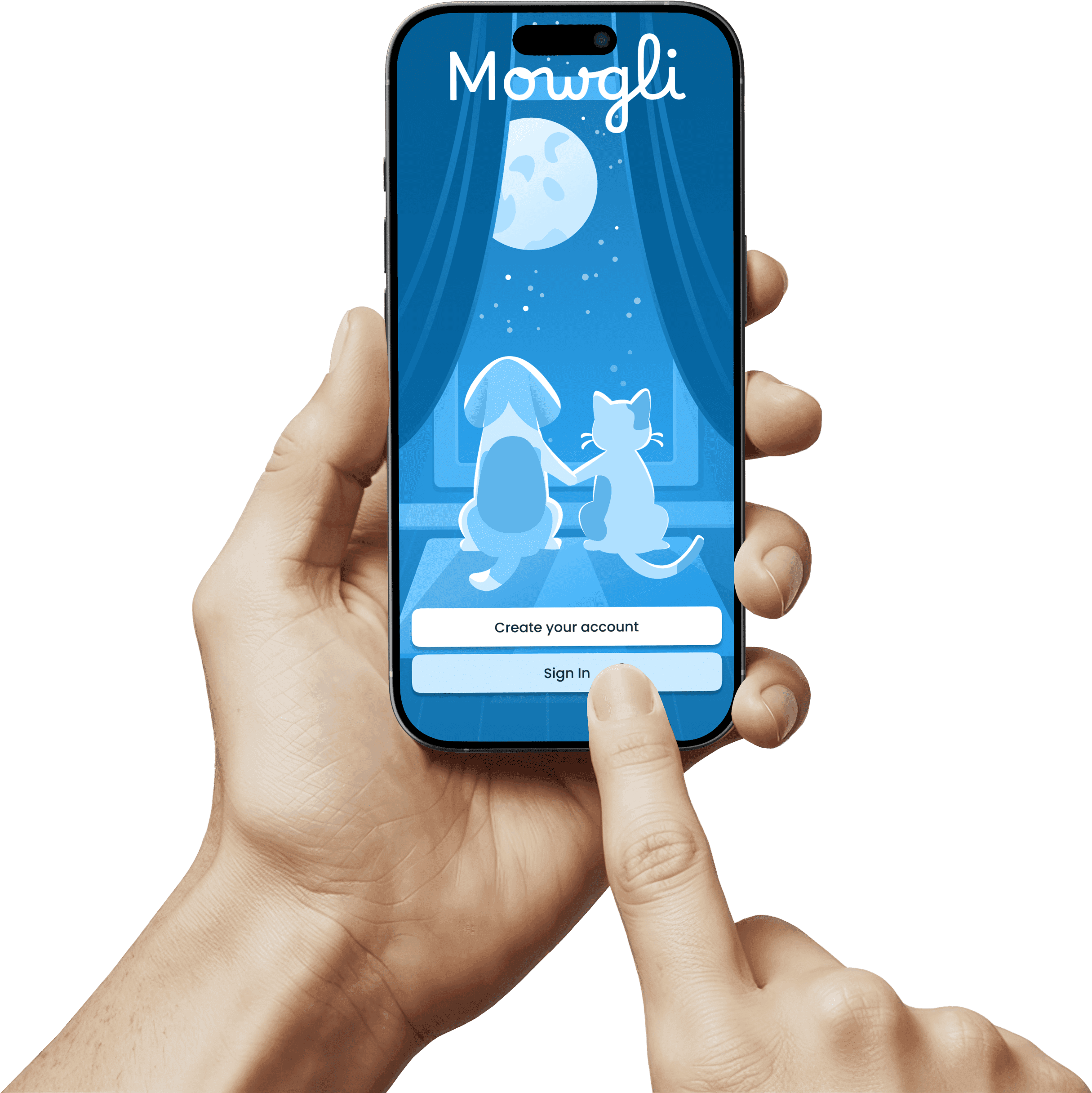 Mowgli account creation screen shown in a hand-held iPhone